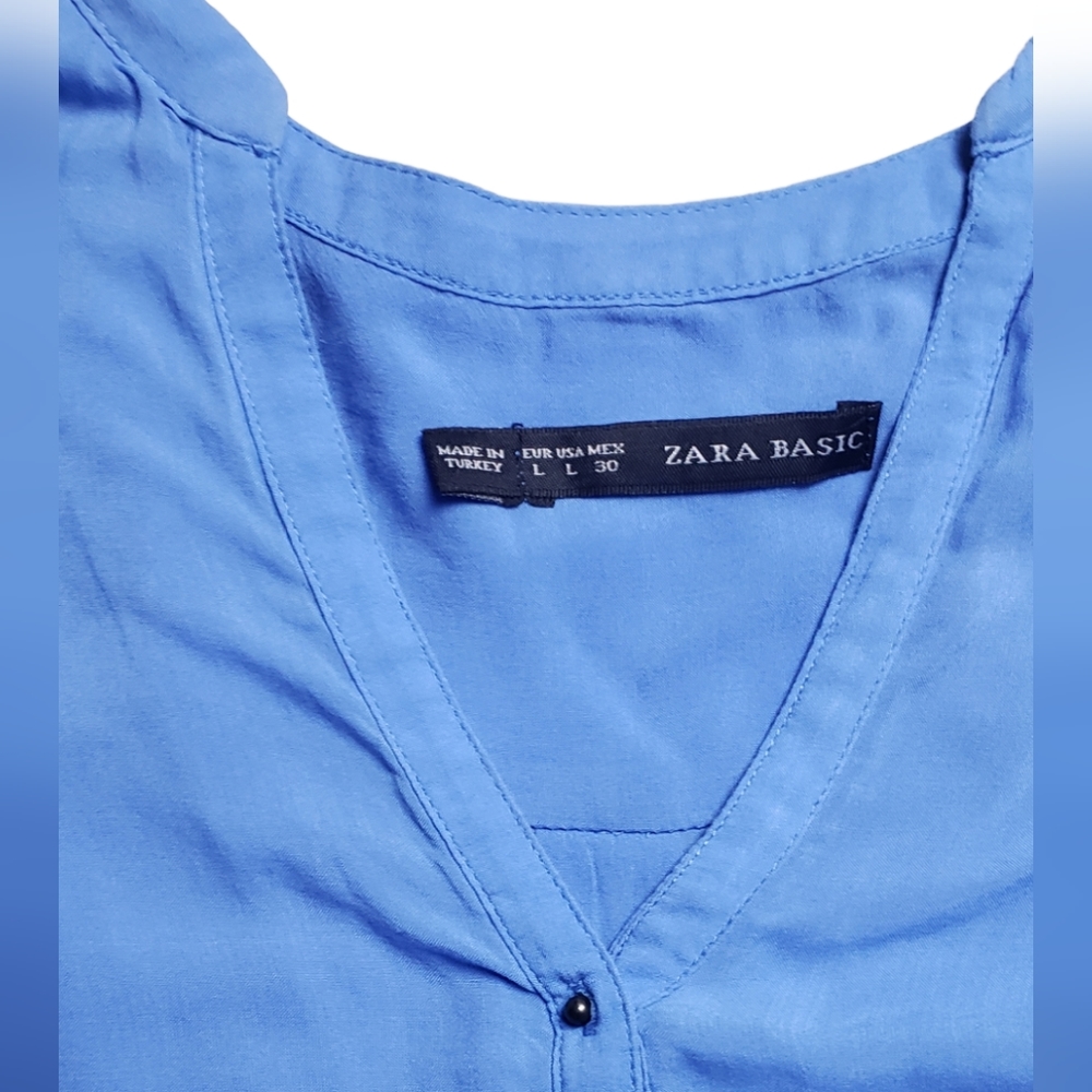 COPY - ⚪2/$20 Zara Henley Roll-Tab Sleeve Viscose Blouse Periwinkle Blue - Picture 3 of 9